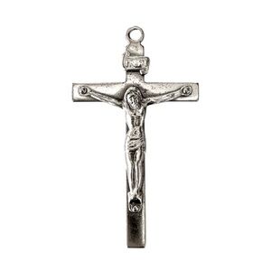 Catholic Silver Tone Crucifix Cross with a inscription on Back Made in Hong Kong